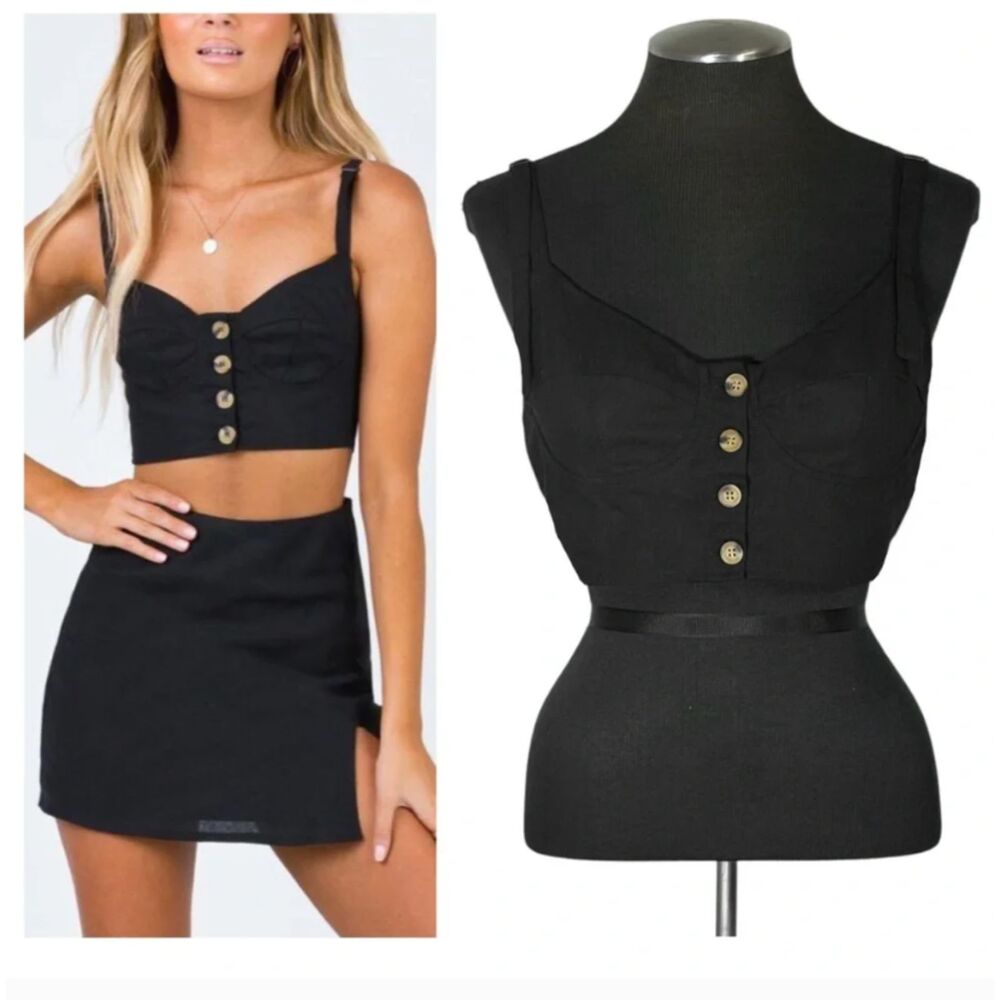 Princess Polly "Kori" Black Linen Blend Bustier Button Crop Top